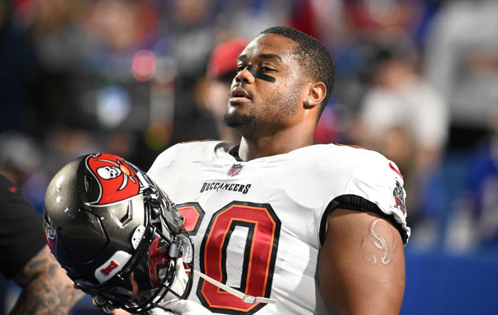 Tampa Bay Buccaneers guard Nick Leverett (60) warms up before a game against the Buffalo Bills at Highmark Stadium. Mandatory Credit: Mark Konezny-USA TODAY Sports